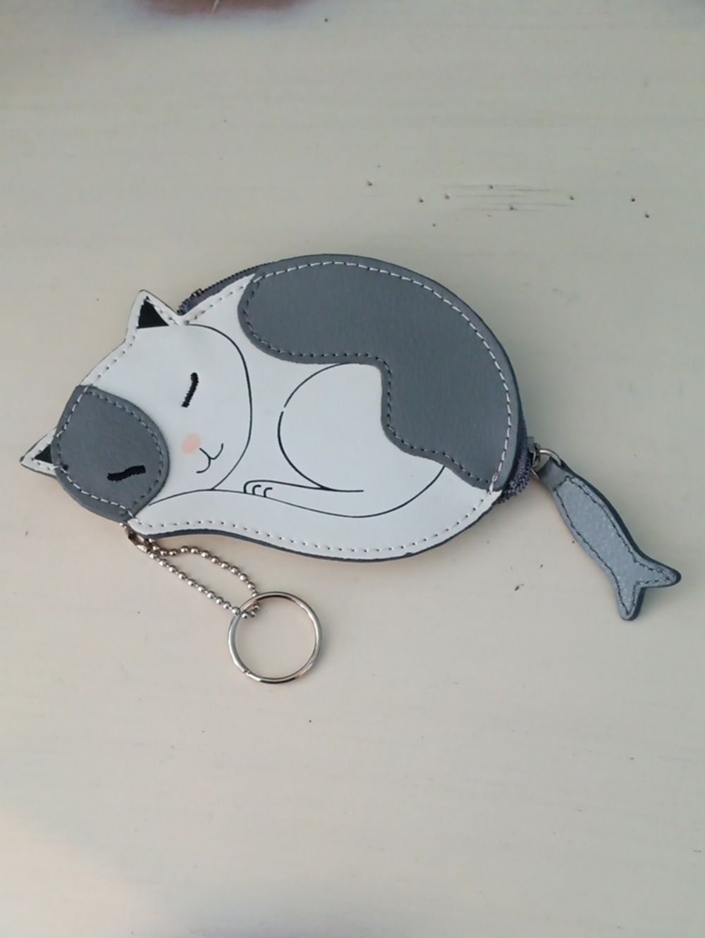 " Boteli Sleepy Cat Leather Coin Purse Card Holder Keychain